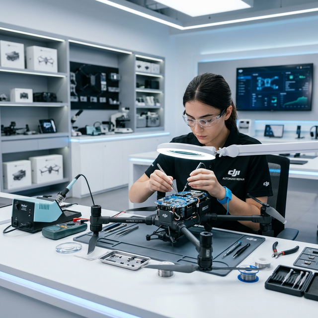 Técnico de precisión reparando placa base de dron