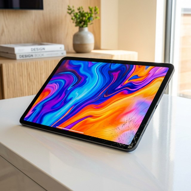 Tablet con cristal roto mostrando colores vivos